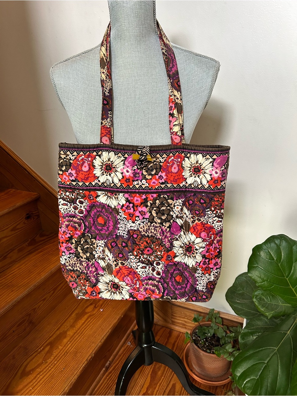 Vera Bradley Floral Quilted Tote in Pink, Brown and Red